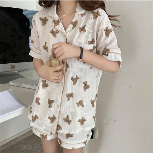 Cartoon bear summer pajama set women kawaii funny home suit soft single breasted shirts+shorts cotton girls loungewear suit Y751