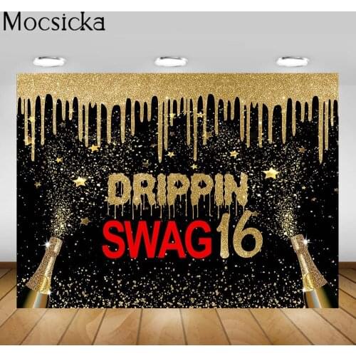 Mocsicka Glitter Swag 16 Birthday Party Backdrop for Photography Drippin Gold Star Polka Dots Photo Background Decor Photocall