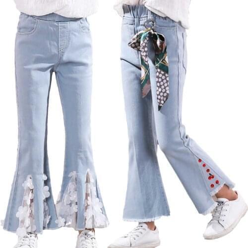Fashion Lace Flare Jeans for Girls Teenage Children Jeans Elastic Waist Denim Pants Kids Bell-Bottomed Trousers for Girl Clothes