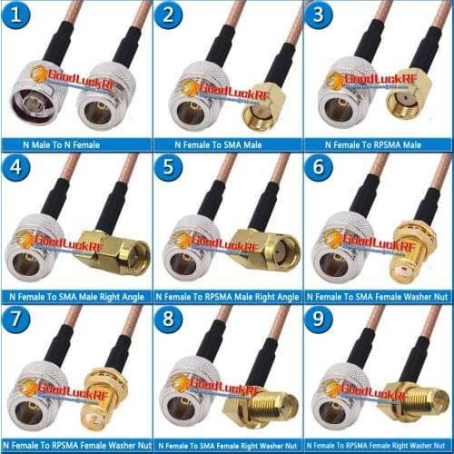 Kit Set N Female to N SMA RPSMA Male & Female Right Angle Washer Bulkhead Mount Nut Pigtail Jumper RG316 Cable Low Loss