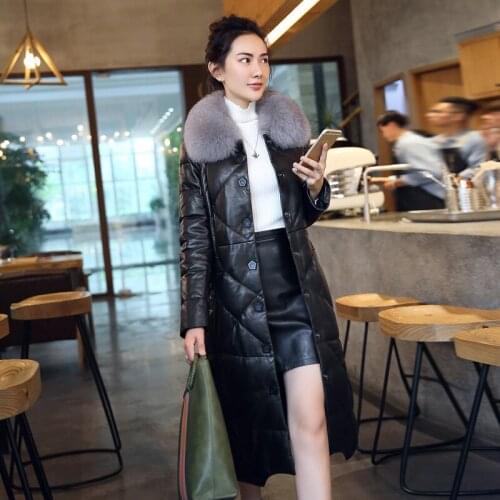 2020 New Winter Genuine Leather Jacket Women Long Sheepskin Coat Womens Down Jackets Warm Real Fox Fur Collar ZM-16651 KJ3142