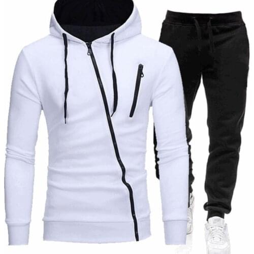New Mens Spring Autumn Hoodie Suit Slant Zipper Patchwork Color Hat Drawstring Belt Sports Sweater+Jogger Track Pants Suit Hots
