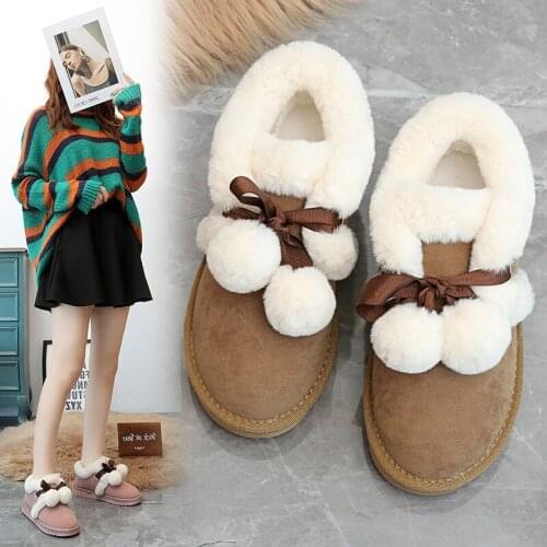 ZEEKSON 2020 New Snow Boots Women Short Thick Warm Cotton Shoes Autumn and Winter Hair Ball Cotton Shoes Short Tube Womens Shoe