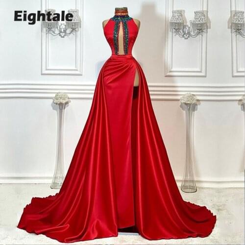 Eightale Arabic Evening Dress Crystals High Neck Beaded Cut Out Prom Gown High Side Split Red Satin Celebrity Party Dress