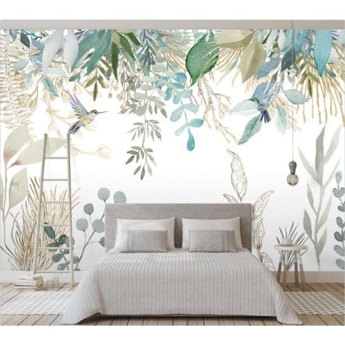 Custom wallpaper 3D Nordic hand-painted small fresh tropical plants leaves flowers and birds murals living room background wall