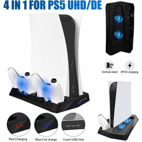 PS5 DE/UHD Game Console Multi-Function Charging Cooling Fan Base Bracket PS5 Handle Charging Dual Base 3 USB Hubs