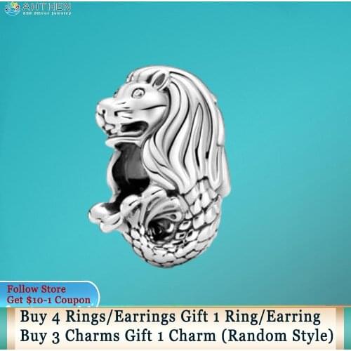 Ahthen 925 Sterling Silver Singapore Merlion Charms fit Original Pandora Bracelets for Women Jewelry Making Birthday Girl Gift