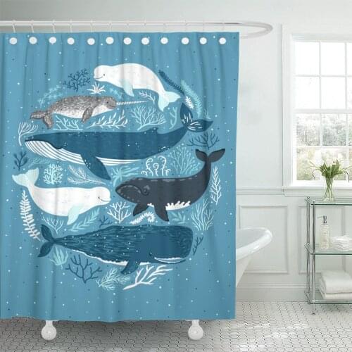 Blue Humpback with Whales Beautiful Marine Mammals Sea Animals Nautical Underwater Shower Curtains Waterproof Polyester Fabric