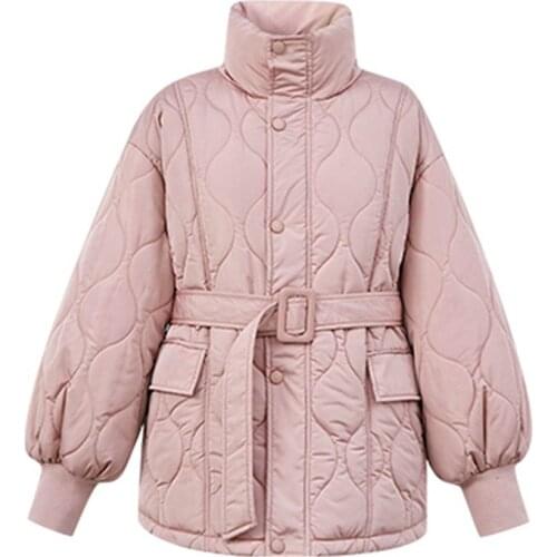 PERHAPS U Women Black White Pink Cold Stand Collar Pocket Elegant Quilted Coat Puffer Padded Parka Solid Warm Winter Sash C0400