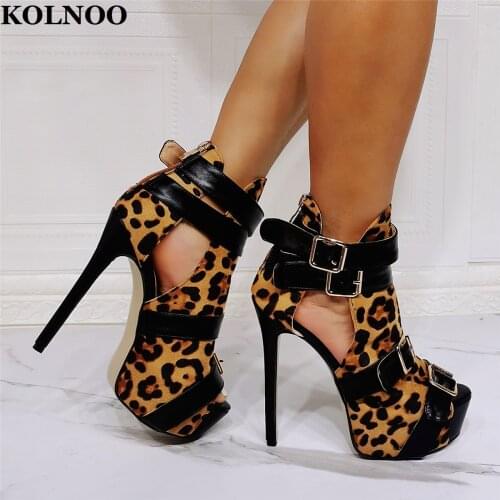 KOLNOO Handmade Newest Womens Stiletto High Heeled Sandals Leopard Peep-Toe Sexy Platform Buckle Strap Fashion Party Hot Shoes