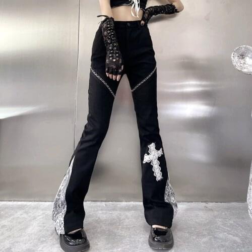 Autumn White Lace Cross Women Street Dark Goth Pant Black Gothic Lady Cool Flare Long Pants 2021 Summer Harajuku New Streetwear