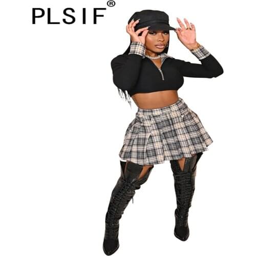 Plaid Print 2 Pieces Crop Top And Mini Skirt Suit Female Casual Slim Sexy Cute Two Pieces Tracksuits