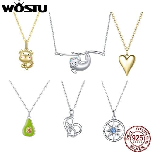 WOSTU Heart To Heart Pendant Necklace 925 Sterling Silver Colorful Pendant For Women Simple Fine Necklace Jewelry Collar BNN217