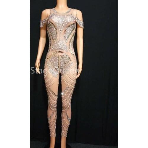 Women Sexy Mesh Silver Sparkly Rhinestones Jumpsuit Singer Dance Outfit See Through Nightclub Wear Birthday Celebrate Jumpsuit