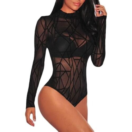 2021 Summer Women Sexy Long Sleeve Sheer Mesh Geometric Velvet Bodysuits Fashion Skinny Black Transparent Tops One Piece Suit