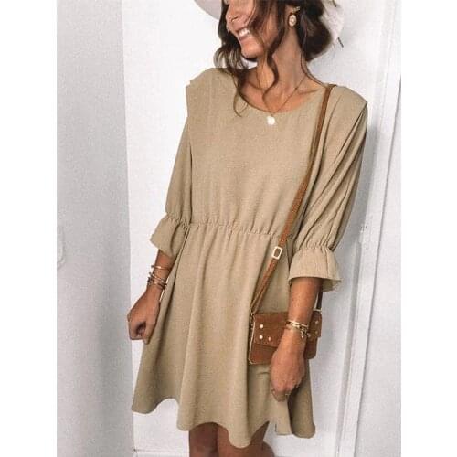 Spring 2021 Dresses A Line Mini Dress Lantern Sleeve O Neck High Waist Elastic Khaki Dresses For Women Casual Streetwear