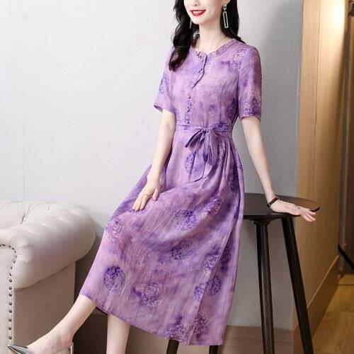 2021 Casual Elegant Cotton Linen Print Beach Midi Dress Summer Vintage Ramie Purple Floral 3XL Dress Women Bodycon Party Vestido