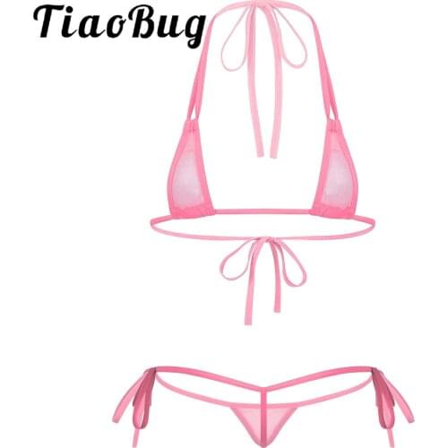 Womens See-through Lingerie Suit Triangle Micro Bikini Set Swimwear Mesh Strappy Halter Neck Bras Tops T-Back Thong Briefs