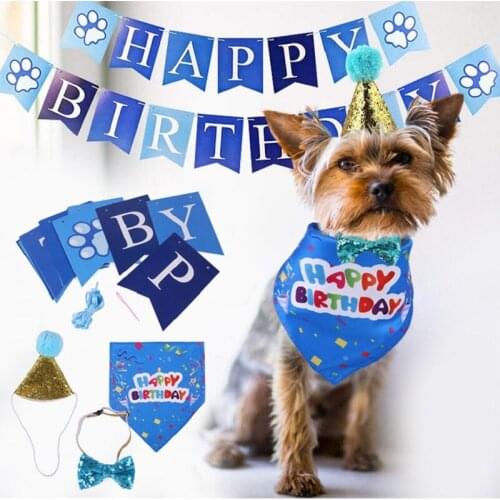 3/4 Piece Pet Birthday Dress Up Suit Hat Pull Flag Saliva Towel Decoration Props Pink Blue Delicate Bow Cute Beautiful 2021