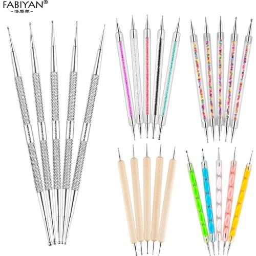 5Pcs/set Double Head Stainless Steel Silicone Head Nail Art Dotting Pen Spiral Rod Decoration Dot Flower Round DIY Manicure Tool