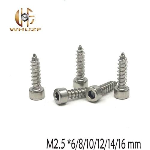 50pcsHexagon Socket Cap Head self tapping screw M2.5 *6/8/10/12/14/16 mm 304 stainless steel Model Screw
