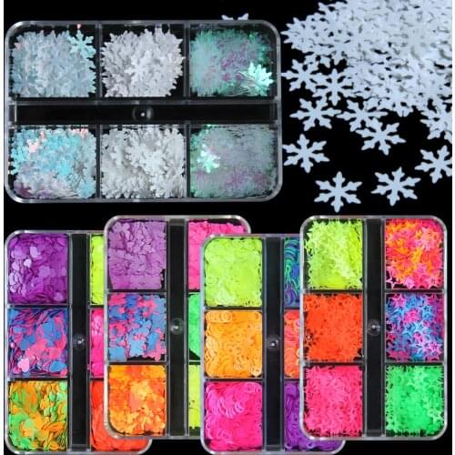 6 Grids White Snowflake Nail Glitter Sequins 3D Holographic Snow Flakes Slices Winter Christmas Manicure Nail Art Decorations
