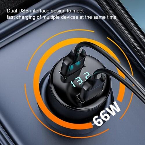 Car Charger 12-24V Dual USB Ports 66W Fast Charging Lighter Adapter With Digital Voltmeter For Phones Tablets Dash Cams Adapter