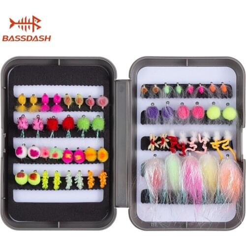 Bassdash Trout Steelhead Salmon Fishing Flies Assortment 57pcs Include Dry Wet Flies Nymphs Streamers Eggs, Fly Lure Kit