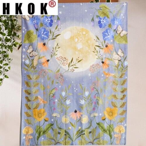 HKOK Psychedelic Moon Flower Tapestry Wall Hanging Covering Rugs Background Cloth Beach Mat Blanket Art Bedroom Living Home Deco