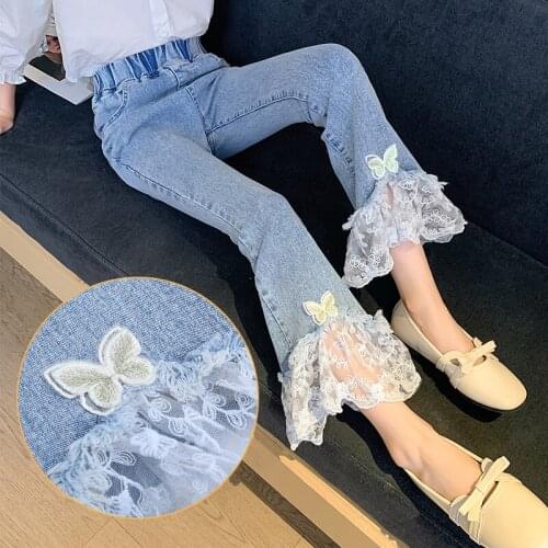 Kids Jeans for Girls Casual Lace Boot Cut Jeans Children Elastic Waist Korean Style Denim Pants Trousers Teenager Girls Jeans