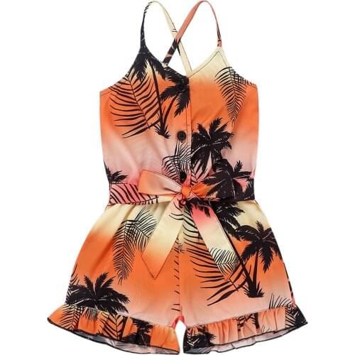 Boho Summer Kids Baby Girl Sleeveless Romper Casual Holiday Tree Print Straps Ruffles Short Jumpsuit with Waistband 0-4Y