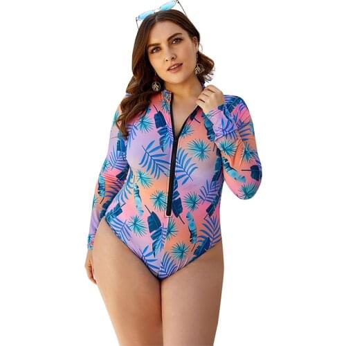 Women Half High Neck Zipper Long Sleeve Conservative Triangle One-piece Swimsuit Charm Blue Print Plus Size Swimsuit