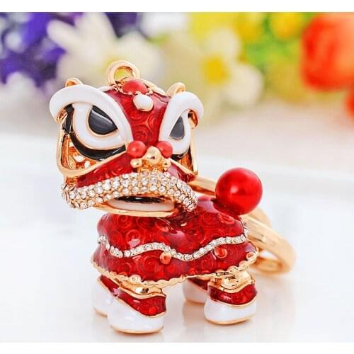 Enamel Crystal Lion Dance Charms keychain Key Holder For Woman Girls Handbag Car Hanging Accessories Jewelry Gift CH3504