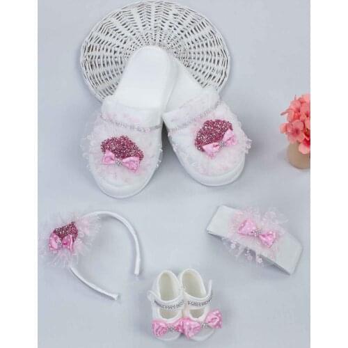 Fuchsia Mother Girl Baby Pregnant Gift Suits Mom 36-40 size slippers crown Babies Bandana Booties Shoes 4 Pieces set Clothing