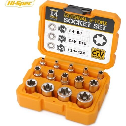 Hi-Spec 14pc E Torx Socket Set 1/4 3/8 1/2 E4-E24 Female Star Stocket Torque Socket Wrench Head Adapter Auto Repair Tool in Box