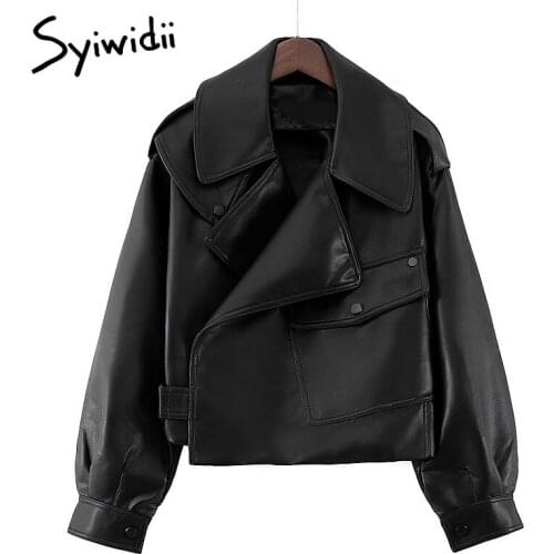 Syiwidii Womens Autumn Faux Leather Black Jacket PU Oversized Coats Long Sleeve Turn Down Collar Streetwear Outerwear 2021 New