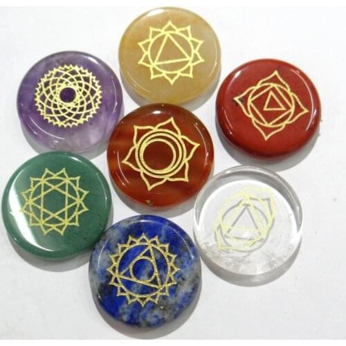 Natural Stone carved Chakra Pendant Round Shape purple Crystal Quartz lapis Choker Reiki 7 Chakra Stone Pendant Necklace no hole