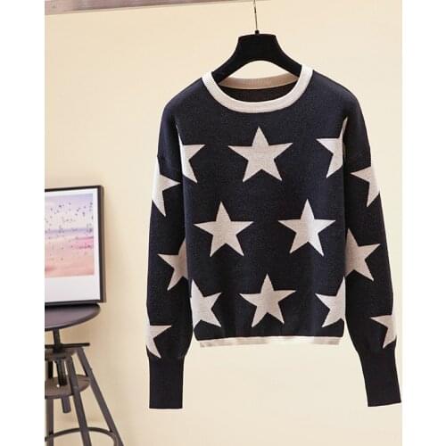 Autumn Winter Women Sweater Pullovers Woolen Jumper Casual Vintage Knit Tops Strars Print O-Neck Jersey Harajuku Fashion Korean