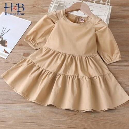 Humor Bear Girls Dress Spring Autumn New Puff Sleeve Cute Solid Color Toddler Princess Kids Party Dress