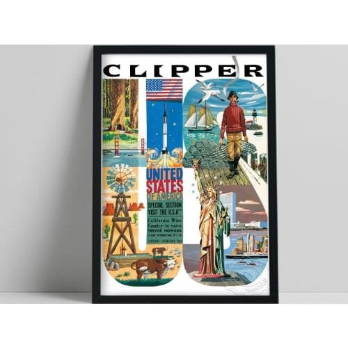 Vintage Airline World Travel Poster, Clipper Usa Famous Attraction Compilations Art Prints, Nostalgic Style Home Wall Decor Gift