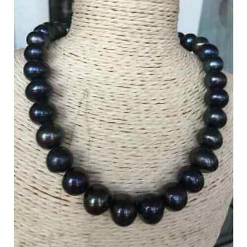 Stunning huge 13-15 mm Tahitian black green pearl necklace 18"