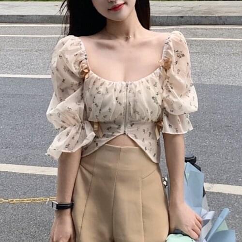 Puff Sleeve Floral Chiffon Blouses Women Summer Short Korean Design Fairy Shirts Tops Casual Chic Evening Party Y2k Clothes 2021