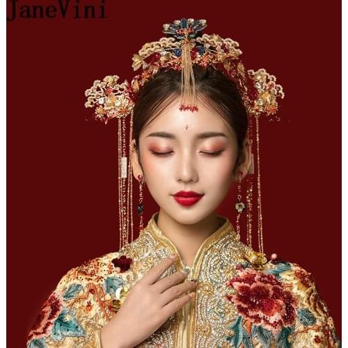 JaneVini Traditional Chinese Phoenix Hairpins Bridal Headdress with Earrings Gold Tassel Brides Wedding Jewelry Hair Accessories