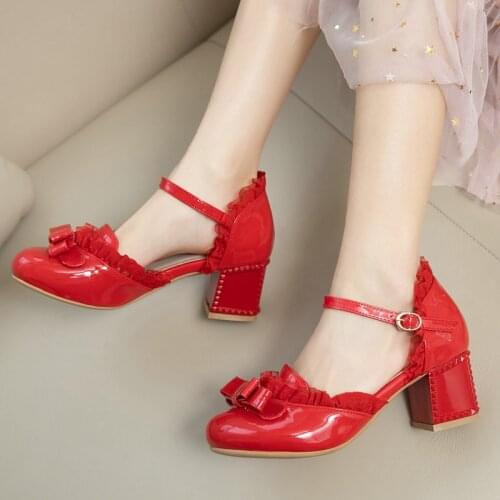 AGODOR 2020 New Fashion Women Patent Leather Pumps Shoes Ankle Strap Square High Heel Black Pumps Lace Bow Pumps Size 33-43