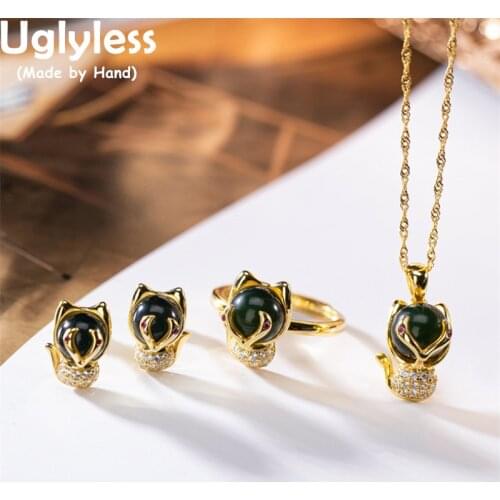Uglyless LOVE Goddess Miss Foxes Jewelry Sets Women Nature Blue Amber Rings Studs Earrings Necklaces Crystals Animals 925 Silver