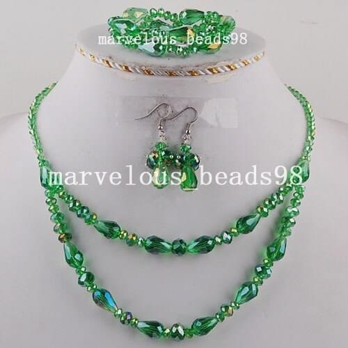 Green Faceted Crystal Water Drop Art Beads Necklace Bracelet Earrings FG3914