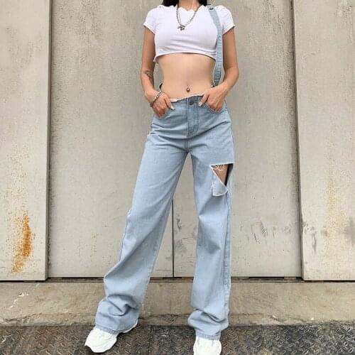 2021 New High Waist Jeans Wide Leg Pants Trouser Casual ripped hole straight leg Harajuku Female Joggers