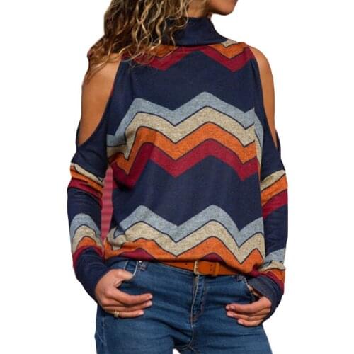 Women T Shirts Casual Spring Loose Tops Turtleneck Pullover Autumn Striped Knitted T-Shirt Female Sexy Off Shoulder Long Sleeve