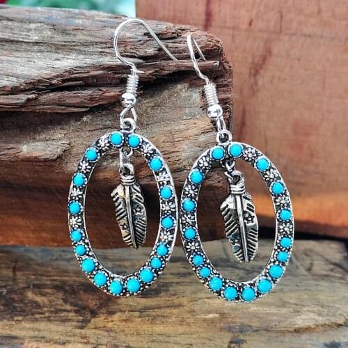 Retro Leaf Blue Beads Dangle Crochet Earrings For Women Hollow Metal Oval Pierced Earrings Fashion Jewelry 2020 Wholesale D261
