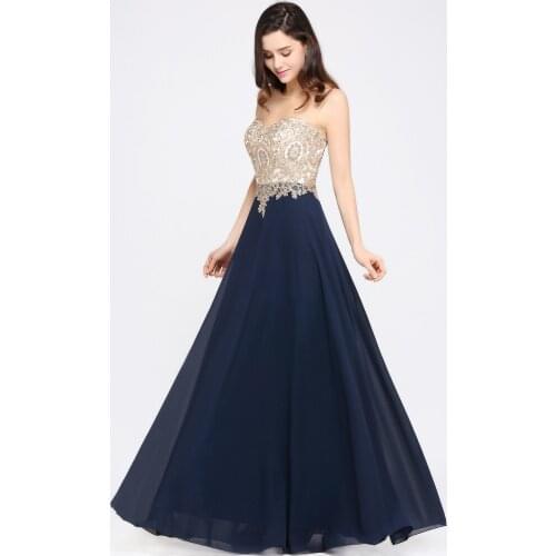 Robe de Soiree Longue Sexy Sheer Back Navy Blue Lace Beaded Evening Dress Cheap Chiffon Evening Gown Vestido de Festa